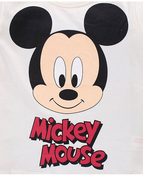 Babyhug Disney Cotton Knit Half Sleeves T-Shirt & Shorts Set With Mickey Mouse Print - White & Red
