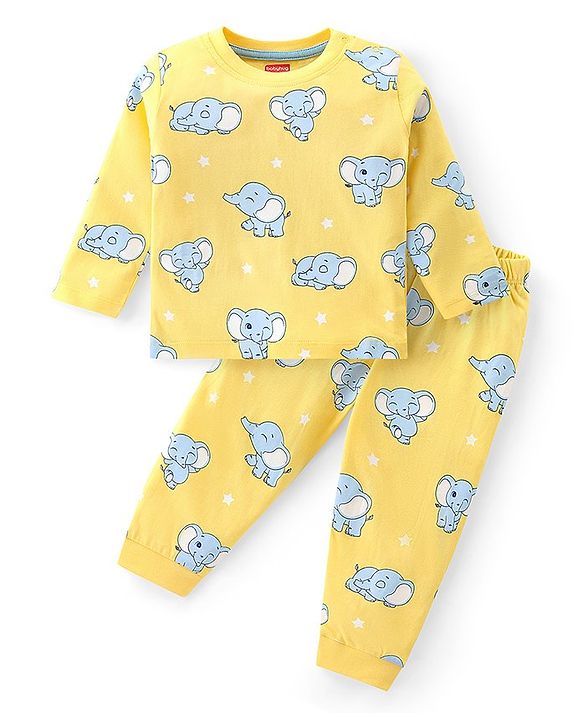 Babyhug Cotton Knit Full Sleeves Night Suit with Elephant Print - Yellow