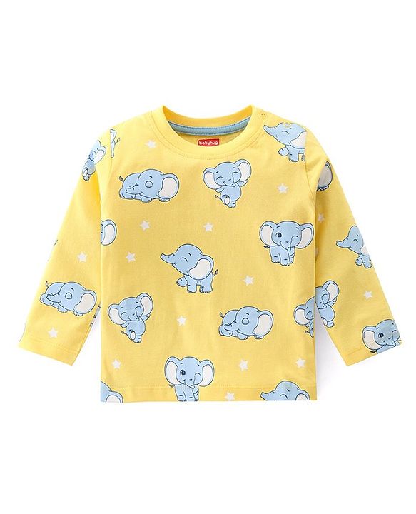 Babyhug Cotton Knit Full Sleeves Night Suit with Elephant Print - Yellow