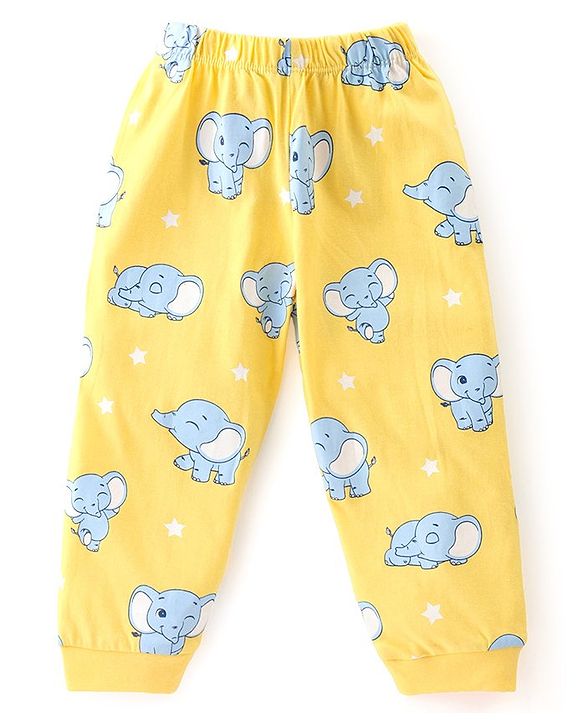 Babyhug Cotton Knit Full Sleeves Night Suit with Elephant Print - Yellow
