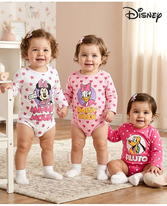 Babyhug Disney Interlock Knit Full Sleeves Onesies With Minnie Mouse & Friends Graphics Pack of 3 -Pink & White