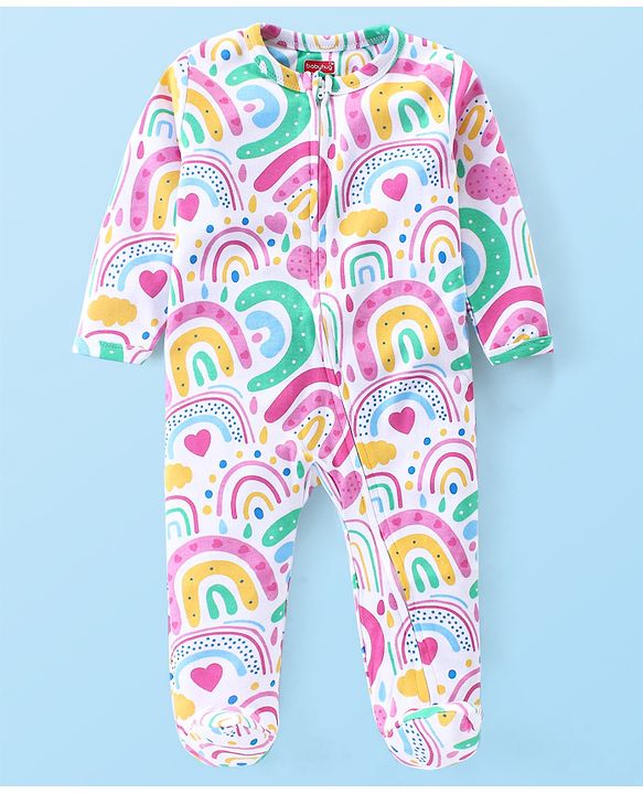 Babyhug Cotton Knit Full Sleeves Footed Sleep Suit with Heart Print - White