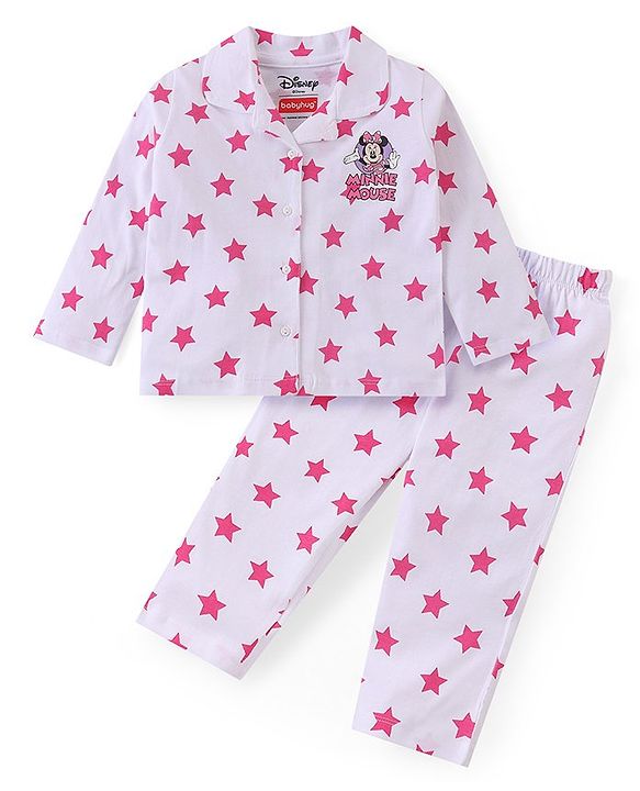 Babyhug Disney Cotton Knit Full Sleeves Front Open Night Suit With Stars & Minnie Mouse Print - Off White