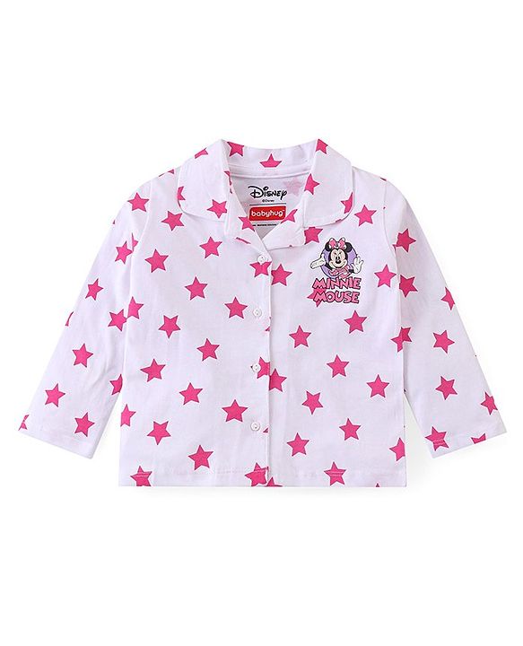 Babyhug Disney Cotton Knit Full Sleeves Front Open Night Suit With Stars & Minnie Mouse Print - Off White