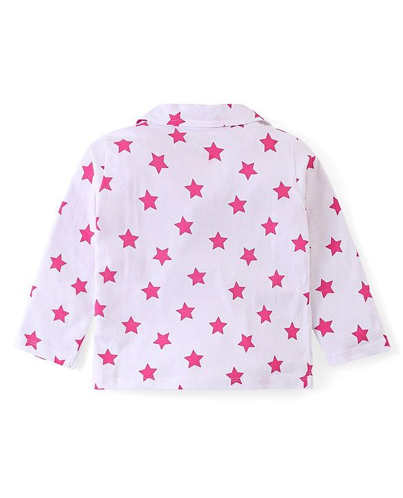 Babyhug Disney Cotton Knit Full Sleeves Front Open Night Suit With Stars & Minnie Mouse Print - Off White