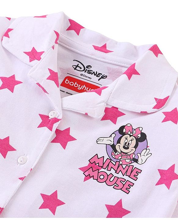 Babyhug Disney Cotton Knit Full Sleeves Front Open Night Suit With Stars & Minnie Mouse Print - Off White