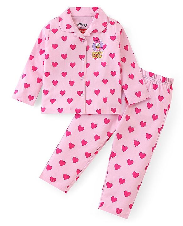 Babyhug Disney Single Jersey Knit Full Sleeves Front Open Night Suit With Daisy Duck & Hearts Print - Pink