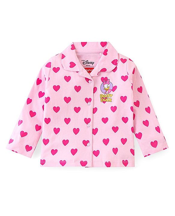 Babyhug Disney Single Jersey Knit Full Sleeves Front Open Night Suit With Daisy Duck & Hearts Print - Pink