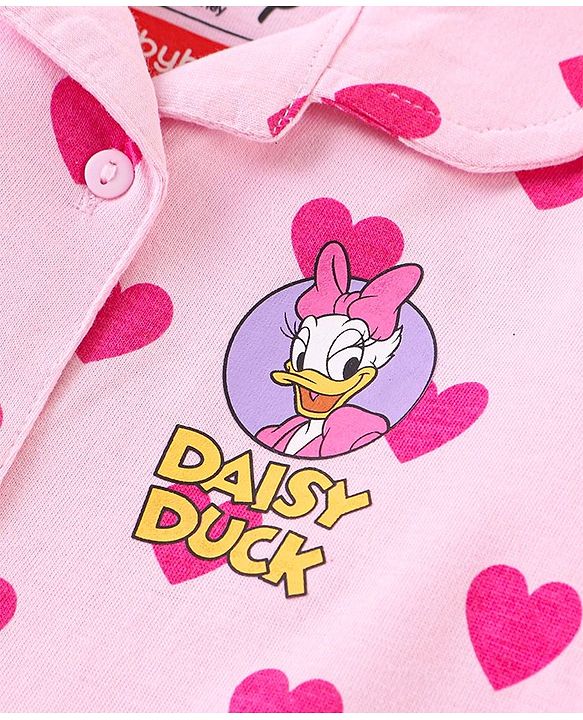 Babyhug Disney Single Jersey Knit Full Sleeves Front Open Night Suit With Daisy Duck & Hearts Print - Pink