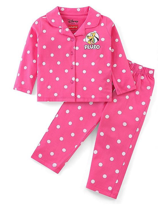 Babyhug Disney Single Jersey Knit Full Sleeves Front Open Night Suit With Pluto & Polka Dots Print - Dark Pink