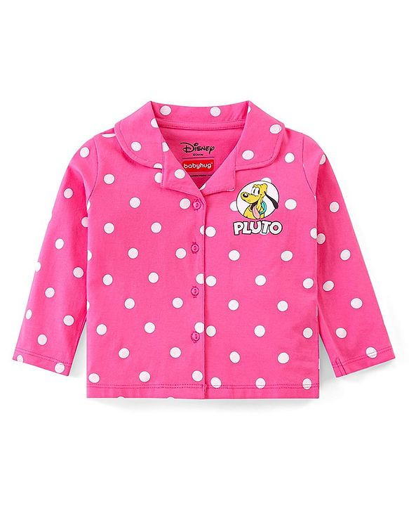 Babyhug Disney Single Jersey Knit Full Sleeves Front Open Night Suit With Pluto & Polka Dots Print - Dark Pink