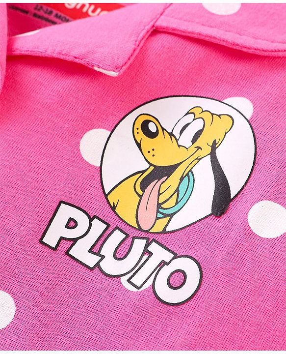 Babyhug Disney Single Jersey Knit Full Sleeves Front Open Night Suit With Pluto & Polka Dots Print - Dark Pink