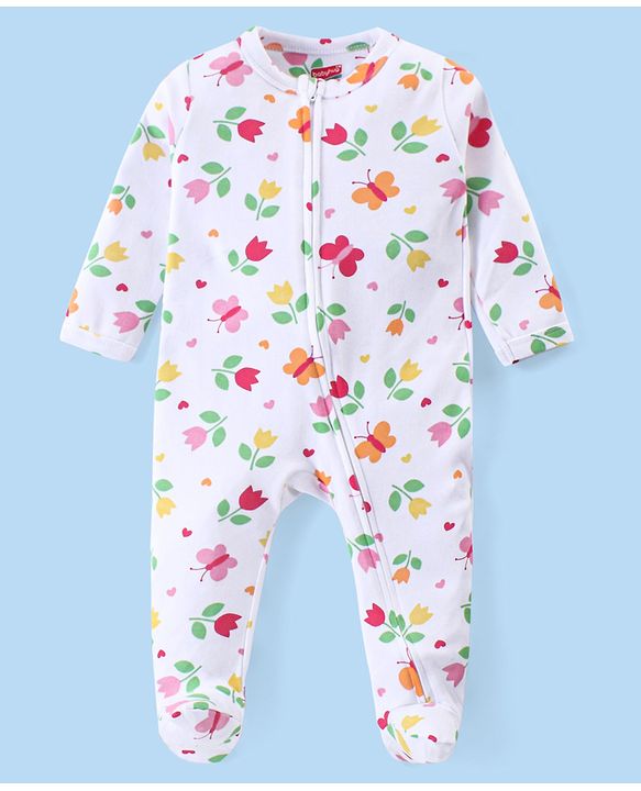 Babyhug Cotton Knit Full Sleeves Sleep Suit With Floral Print - White