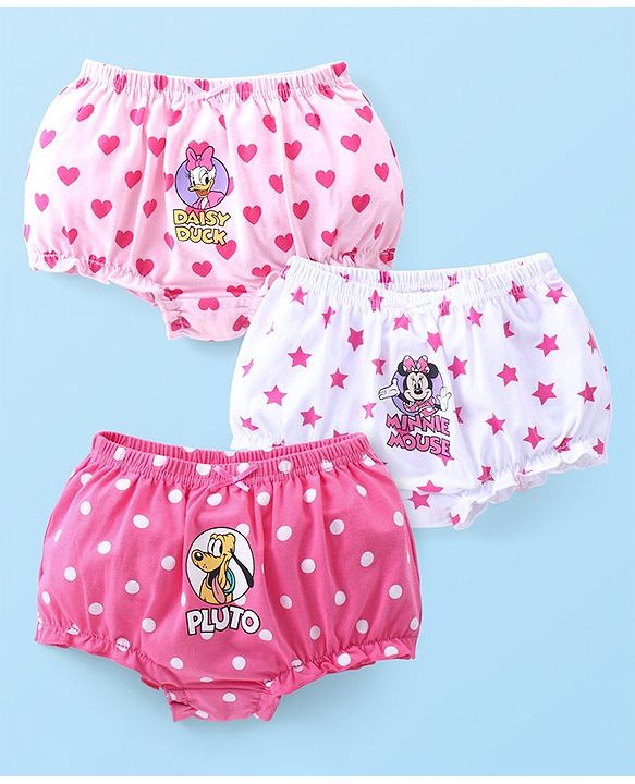 Babyhug Disney Cotton Lycra Bloomers With Minnie Mouse & Friends Graphics Pack Of 3 - Pink & White