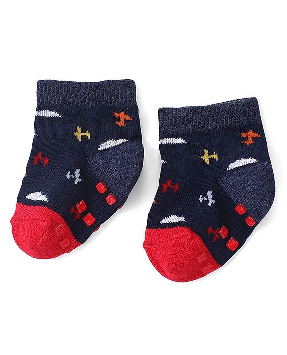 Cute Walk by Babyhug Anti Skid Ankle Length Antibacterial Knitted Striped & Aeroplane Design Socks Pack Of 3 - Blue & Red