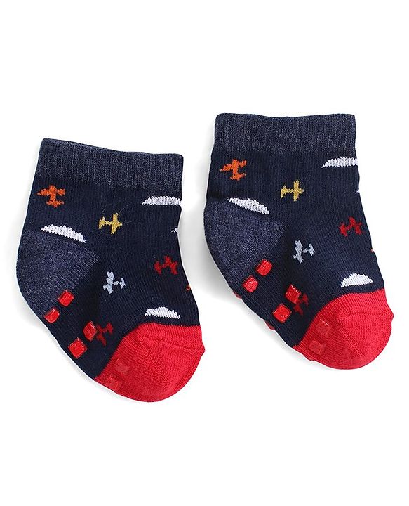 Cute Walk by Babyhug Anti Skid Ankle Length Antibacterial Knitted Striped & Aeroplane Design Socks Pack Of 3 - Blue & Red