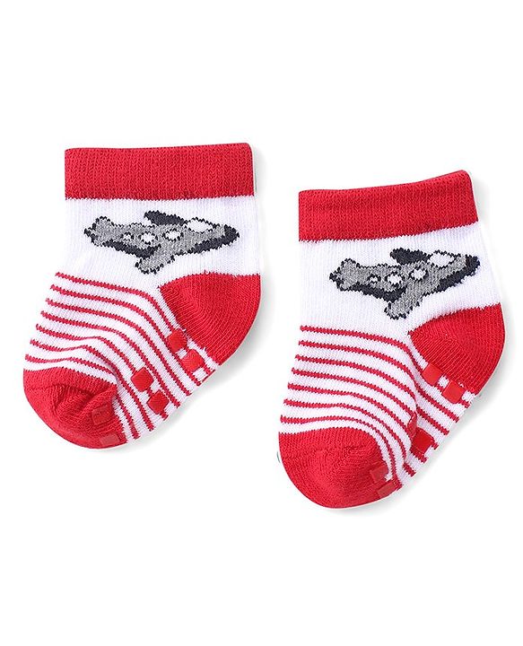 Cute Walk by Babyhug Anti Skid Ankle Length Antibacterial Knitted Striped & Aeroplane Design Socks Pack Of 3 - Blue & Red