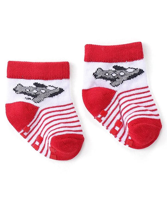 Cute Walk by Babyhug Anti Skid Ankle Length Antibacterial Knitted Striped & Aeroplane Design Socks Pack Of 3 - Blue & Red