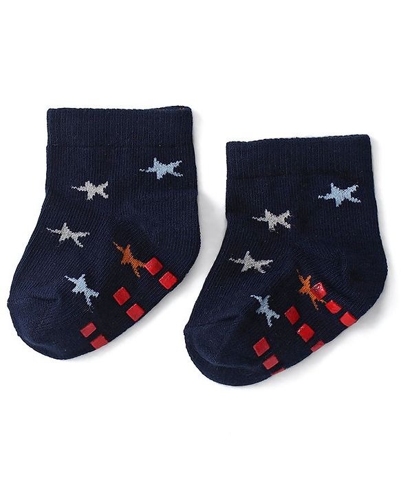 Cute Walk by Babyhug Anti Skid Ankle Length Antibacterial Knitted Striped & Aeroplane Design Socks Pack Of 3 - Blue & Red