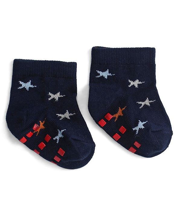 Cute Walk by Babyhug Anti Skid Ankle Length Antibacterial Knitted Striped & Aeroplane Design Socks Pack Of 3 - Blue & Red
