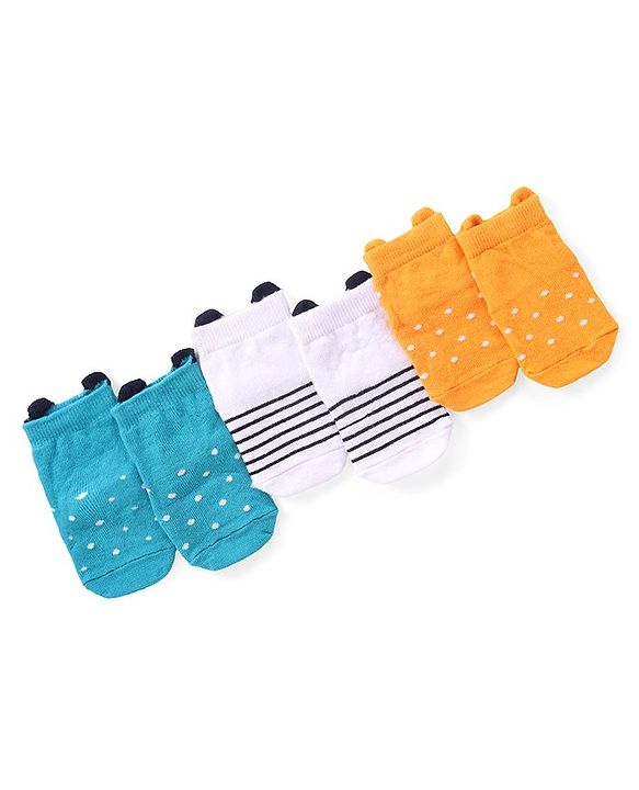 Cute Walk by Babyhug Anti Skid Ankle Length Antibacterial Knitted Striped & Polka Dots Design Socks Pack Of 3 - Blue White & Yellow