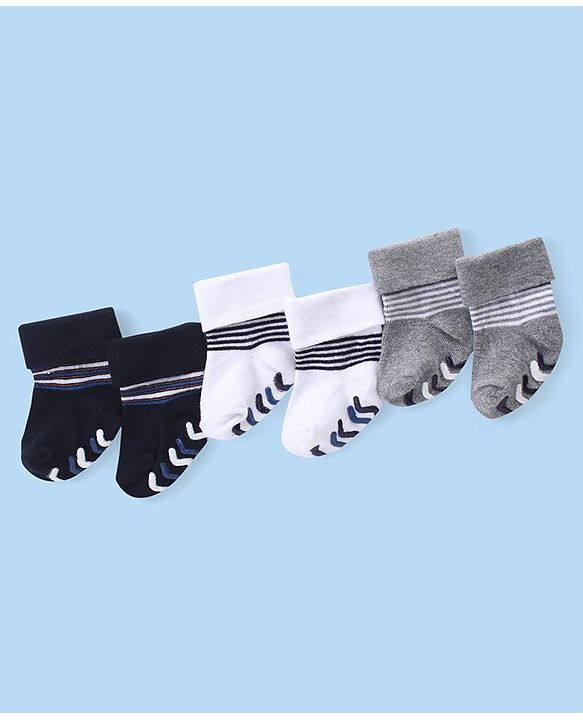Cute Walk by Babyhug Anti Skid Ankle Length Antibacterial Knitted Striped Socks Pack Of 3 - Blue  White & Grey