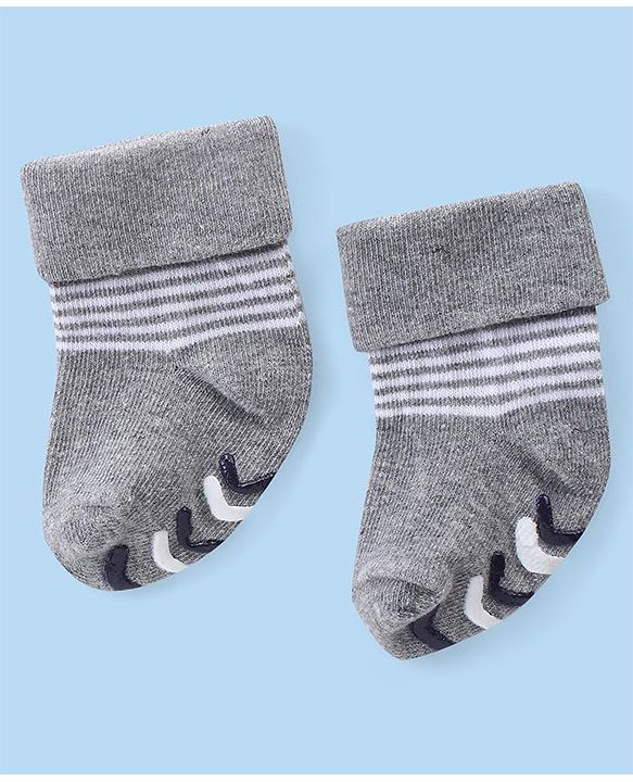 Cute Walk by Babyhug Anti Skid Ankle Length Antibacterial Knitted Striped Socks Pack Of 3 - Blue  White & Grey