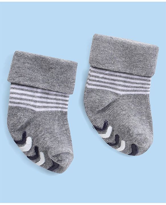 Cute Walk by Babyhug Anti Skid Ankle Length Antibacterial Knitted Striped Socks Pack Of 3 - Blue  White & Grey