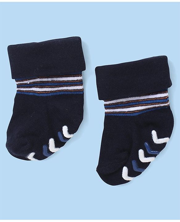 Cute Walk by Babyhug Anti Skid Ankle Length Antibacterial Knitted Striped Socks Pack Of 3 - Blue  White & Grey