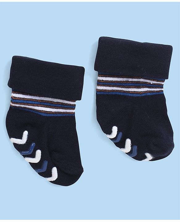 Cute Walk by Babyhug Anti Skid Ankle Length Antibacterial Knitted Striped Socks Pack Of 3 - Blue  White & Grey
