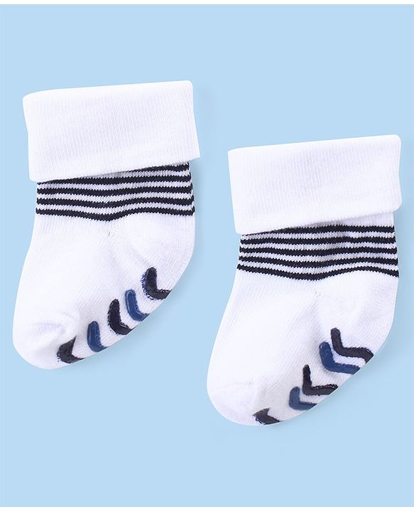 Cute Walk by Babyhug Anti Skid Ankle Length Antibacterial Knitted Striped Socks Pack Of 3 - Blue  White & Grey