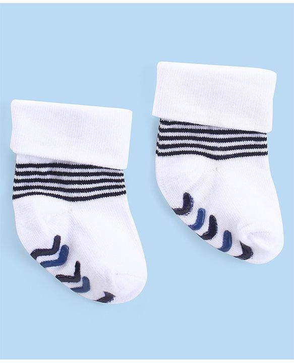 Cute Walk by Babyhug Anti Skid Ankle Length Antibacterial Knitted Striped Socks Pack Of 3 - Blue  White & Grey