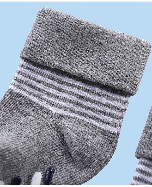 Cute Walk by Babyhug Anti Skid Ankle Length Antibacterial Knitted Striped Socks Pack Of 3 - Blue  White & Grey