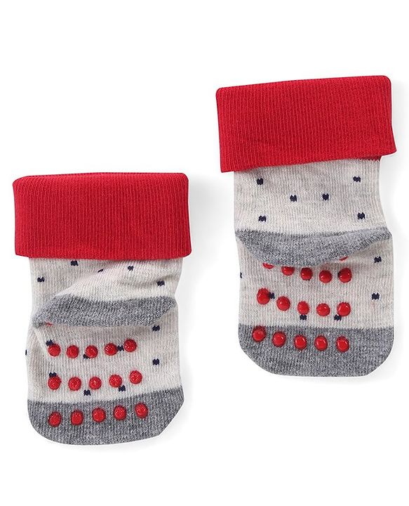 Cute Walk by Babyhug Anti Skid Ankle Length Antibacterial Knitted Striped & Text Design Socks Pack Of 3 - Red Grey & White
