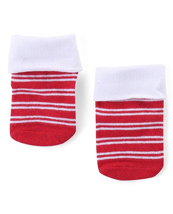 Cute Walk by Babyhug Anti Skid Ankle Length Antibacterial Knitted Striped & Text Design Socks Pack Of 3 - Red Grey & White