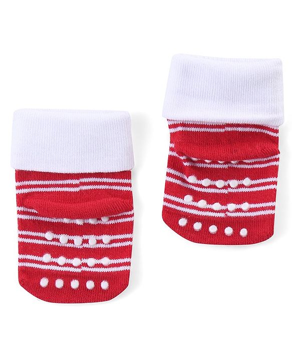 Cute Walk by Babyhug Anti Skid Ankle Length Antibacterial Knitted Striped & Text Design Socks Pack Of 3 - Red Grey & White