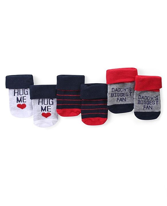 Cute Walk by Babyhug Anti Skid Ankle Length Antibacterial Knitted Striped & Text Design Socks Pack Of 3 - Blue Grey & White