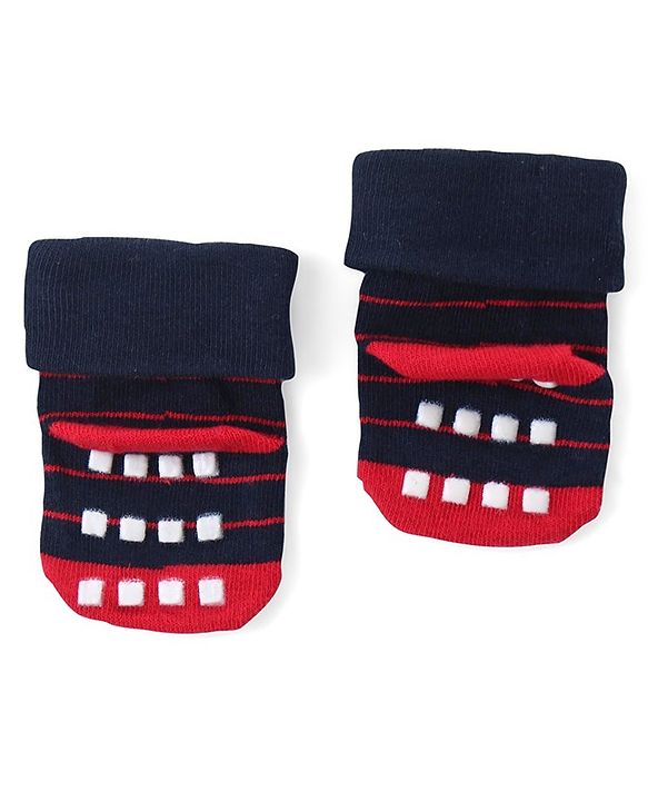 Cute Walk by Babyhug Anti Skid Ankle Length Antibacterial Knitted Striped & Text Design Socks Pack Of 3 - Blue Grey & White