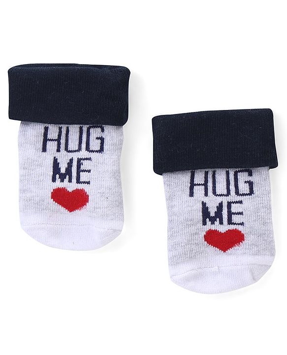 Cute Walk by Babyhug Anti Skid Ankle Length Antibacterial Knitted Striped & Text Design Socks Pack Of 3 - Blue Grey & White