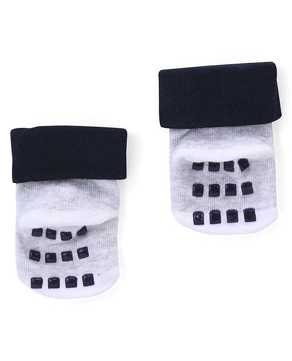 Cute Walk by Babyhug Anti Skid Ankle Length Antibacterial Knitted Striped & Text Design Socks Pack Of 3 - Blue Grey & White