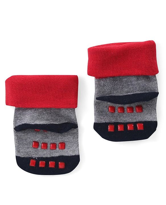 Cute Walk by Babyhug Anti Skid Ankle Length Antibacterial Knitted Striped & Text Design Socks Pack Of 3 - Blue Grey & White