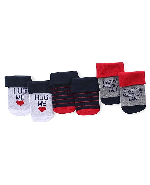 Cute Walk by Babyhug Anti Skid Ankle Length Antibacterial Knitted Striped & Text Design Socks Pack Of 3 - Blue Grey & White