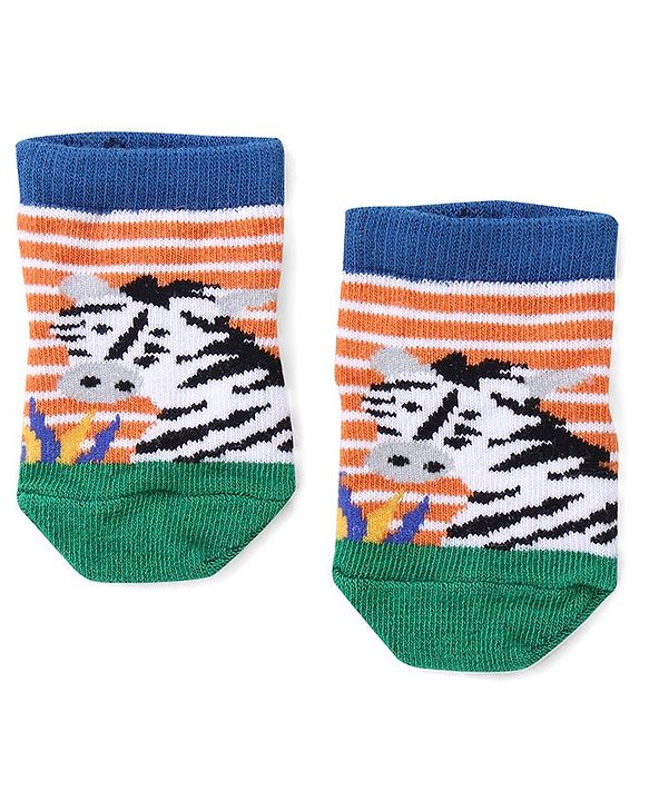 Cute Walk by Babyhug Anti Skid Ankle Length Antibacterial Knitted Striped & Animal Design Socks Pack Of 3 - Orange Blue & Green