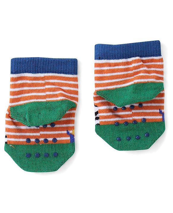 Cute Walk by Babyhug Anti Skid Ankle Length Antibacterial Knitted Striped & Animal Design Socks Pack Of 3 - Orange Blue & Green