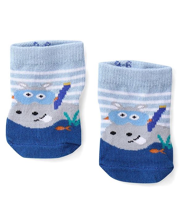 Cute Walk by Babyhug Anti Skid Ankle Length Antibacterial Knitted Striped & Animal Design Socks Pack Of 3 - Orange Blue & Green