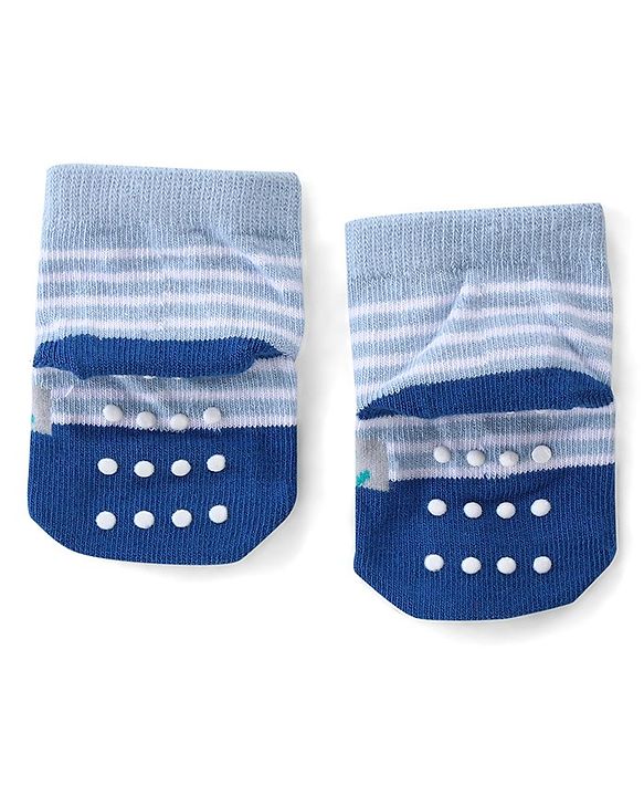 Cute Walk by Babyhug Anti Skid Ankle Length Antibacterial Knitted Striped & Animal Design Socks Pack Of 3 - Orange Blue & Green