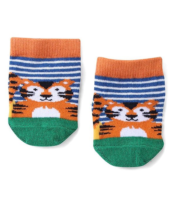 Cute Walk by Babyhug Anti Skid Ankle Length Antibacterial Knitted Striped & Animal Design Socks Pack Of 3 - Orange Blue & Green