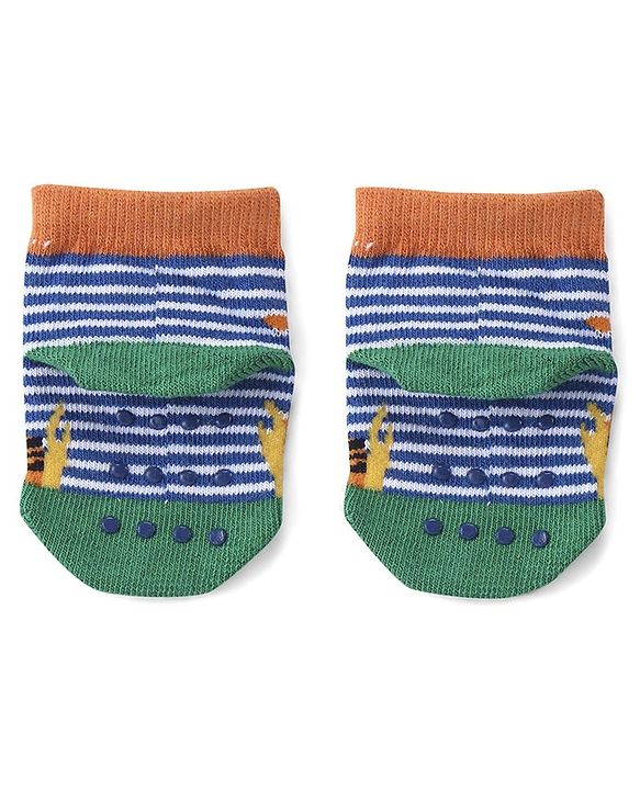Cute Walk by Babyhug Anti Skid Ankle Length Antibacterial Knitted Striped & Animal Design Socks Pack Of 3 - Orange Blue & Green