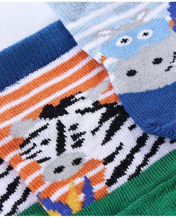 Cute Walk by Babyhug Anti Skid Ankle Length Antibacterial Knitted Striped & Animal Design Socks Pack Of 3 - Orange Blue & Green