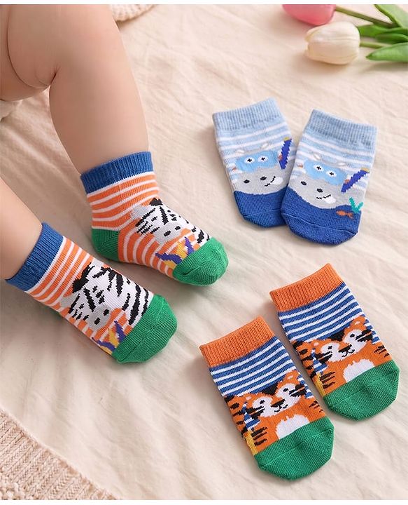 Cute Walk by Babyhug Anti Skid Ankle Length Antibacterial Knitted Striped & Animal Design Socks Pack Of 3 - Orange Blue & Green